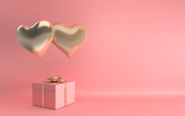 3d render illustration of realistic gold glossy heart balloon, gift box with golden bow on pink background. Valentine's Day romantic elegant 14 february card. Empty space for party, promotion social media banners, posters. ilustración de render 3d de globo corazón brillante oro realista, caja de regalo con lazo dorado sobre fondo rosa. día de san valentín romántico tarjeta elegante de 14 de febrero. espacio vacío para el partido, banners de promoción social de los med