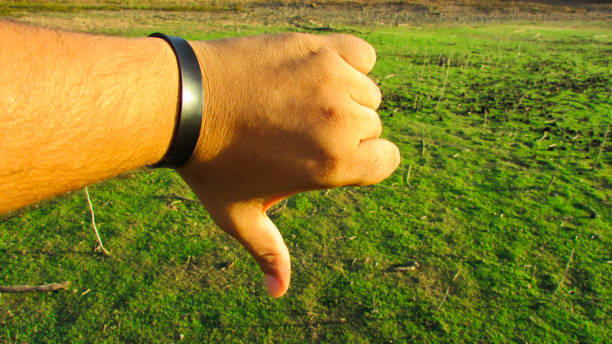 istock Hand pointing towards the green background landscape 1085250024