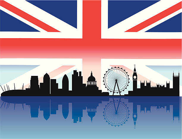 skyline von london mit flagge hintergrund - london england urban scene 30 st mary axe city stock-grafiken, -clipart, -cartoons und -symbole
