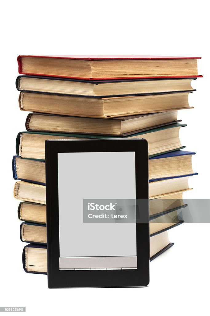 reader and books reader and old books on a white background Black Color Stock Photo