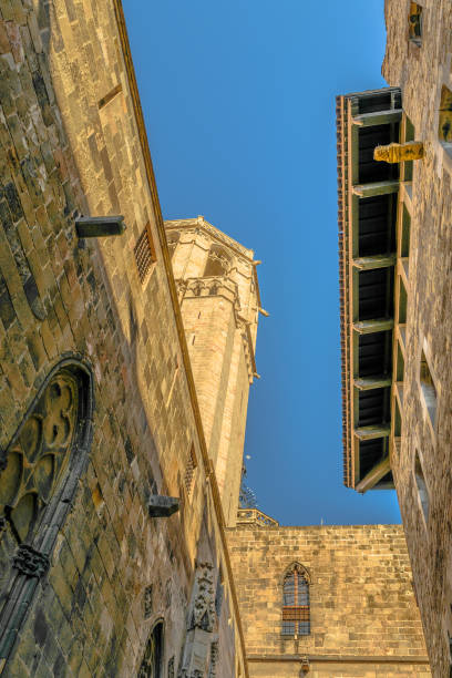 BARCELONA, SPAIN, JANUARY - 2018 - Low angle view medieval buildings at gothic district in barcelona city, spain