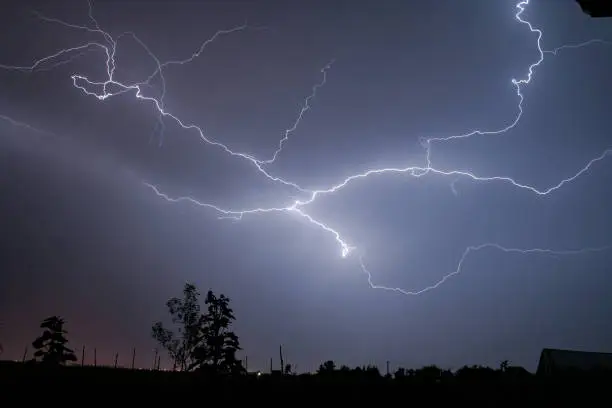 Lightning is a sudden electrostatic discharge that occurs typically during a thunderstorm. Like here, this discharge can occur between electrically charged regions between two clouds CC lightning.