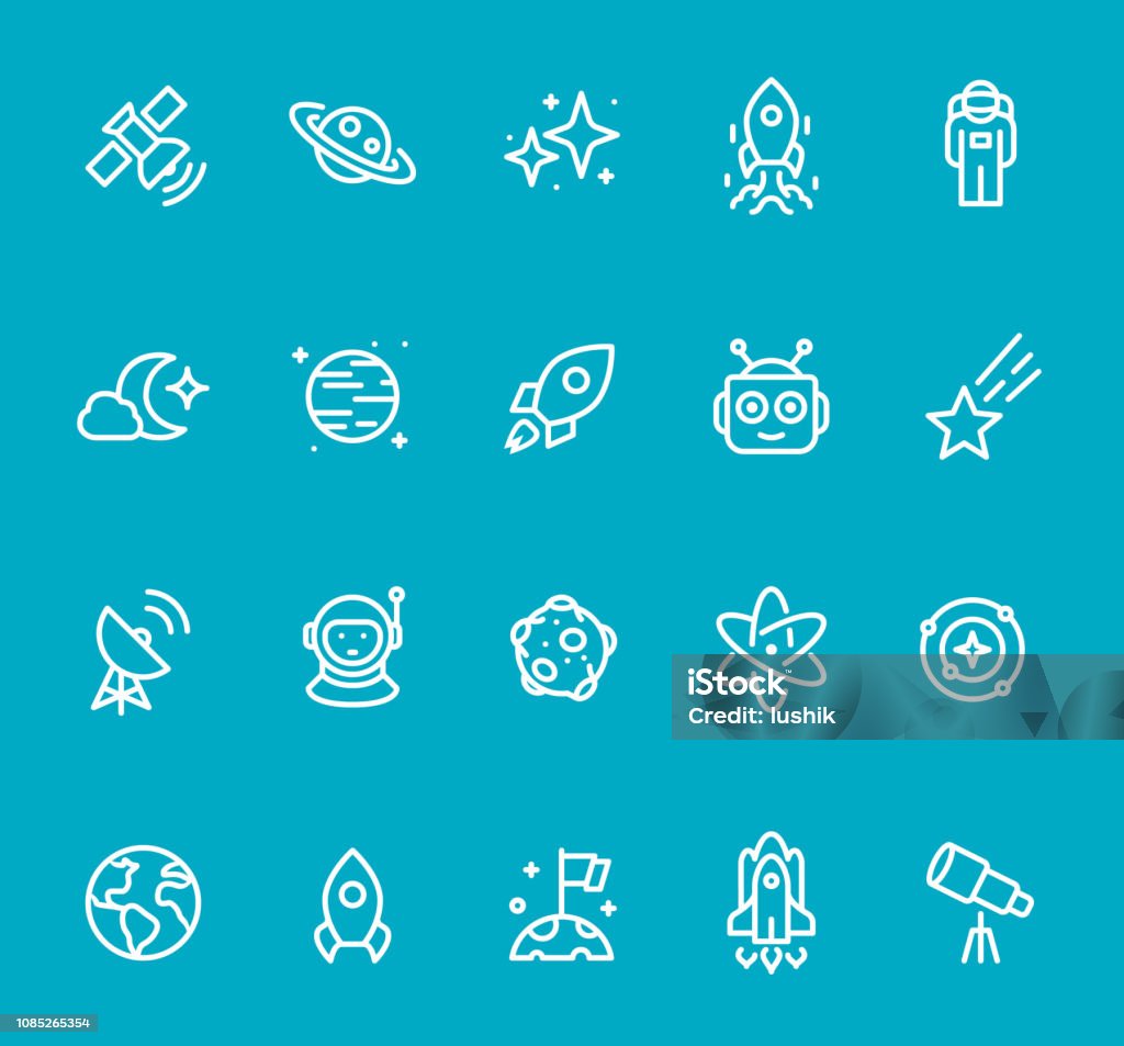 Space - line icon set Pixel Perfect - Isolated on Blue - Space Icon Set #67
Icons are designed in 48x48pх square, outline stroke 2px.

First row of outline icons contains: 
Satellite, Saturn, Star Shape, Ship Launch, Astronaut; 

Second row contains: 
Moonlight, Planet - Space, Start Up, Robot, Meteor;

Third row contains: 
Satellite Dish, Cosmonaut, Moon, Atom, Solar System; 

Fourth row contains: 
Planet Earth, Rocket, Determination, Space Shuttle, Telescope.

Complete Bimico collection - https://www.istockphoto.com/collaboration/boards/t8tfiS1uqEecwP9AO9SJmw Icon Symbol stock vector