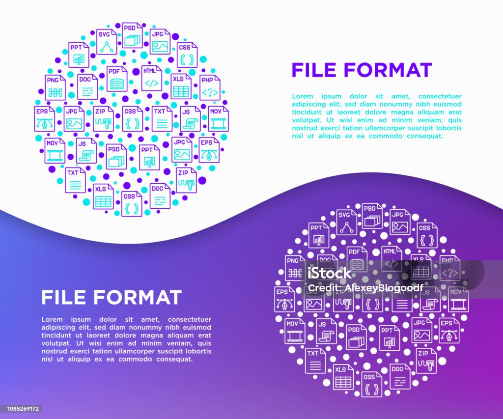 File formats concept in circle with thin line icons: doc, pdf, php, html, jpg, png, txt, mov, eps, zip, css, js. Modern vector illustration, print media template. Web Banner stock vector