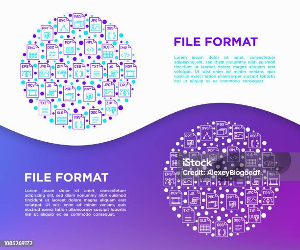 File Formats Concept In Circle With Thin Line Icons Doc Pdf Php Html Jpg Png Txt Mov Eps Zip Css Js Modern Vector Illustration Print Media Template Stock Illustration - Download Image Now