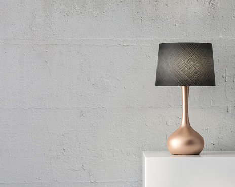Stylish table lamp mockup with black shade and gold stand on white table, 3d rendering