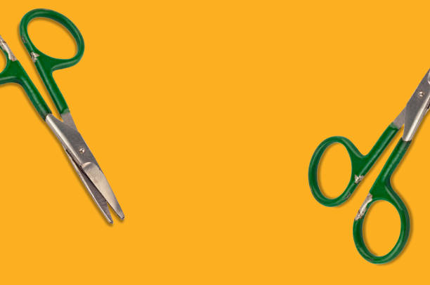 istock Two worn metal scissors on orange background with copy space for your text 1085277802