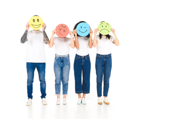 istock multicultural friends holding round, multicolored signs with different face expressions isolated on white 1085278980