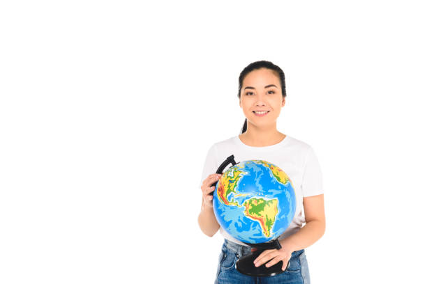 istock cheerful young woman holding globe isolated on white 1085280822