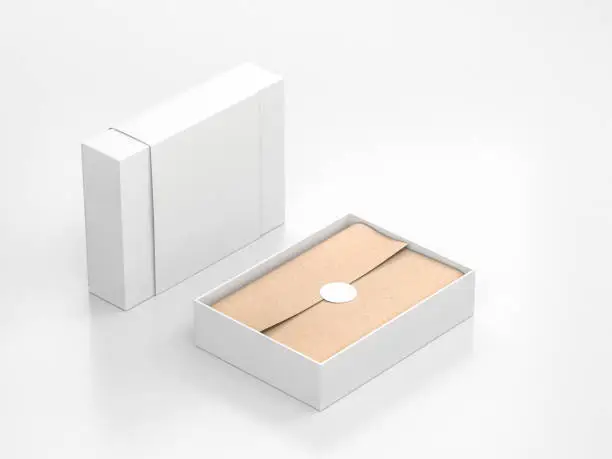 Photo of Opened White Gift Box Mockup with cower and kraft wrapping paper and round label