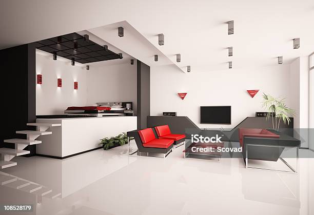 Wohn Und Schlafzimmer Interior 3d Stockfoto und mehr Bilder von Bett - Bett, Boden, Chrom