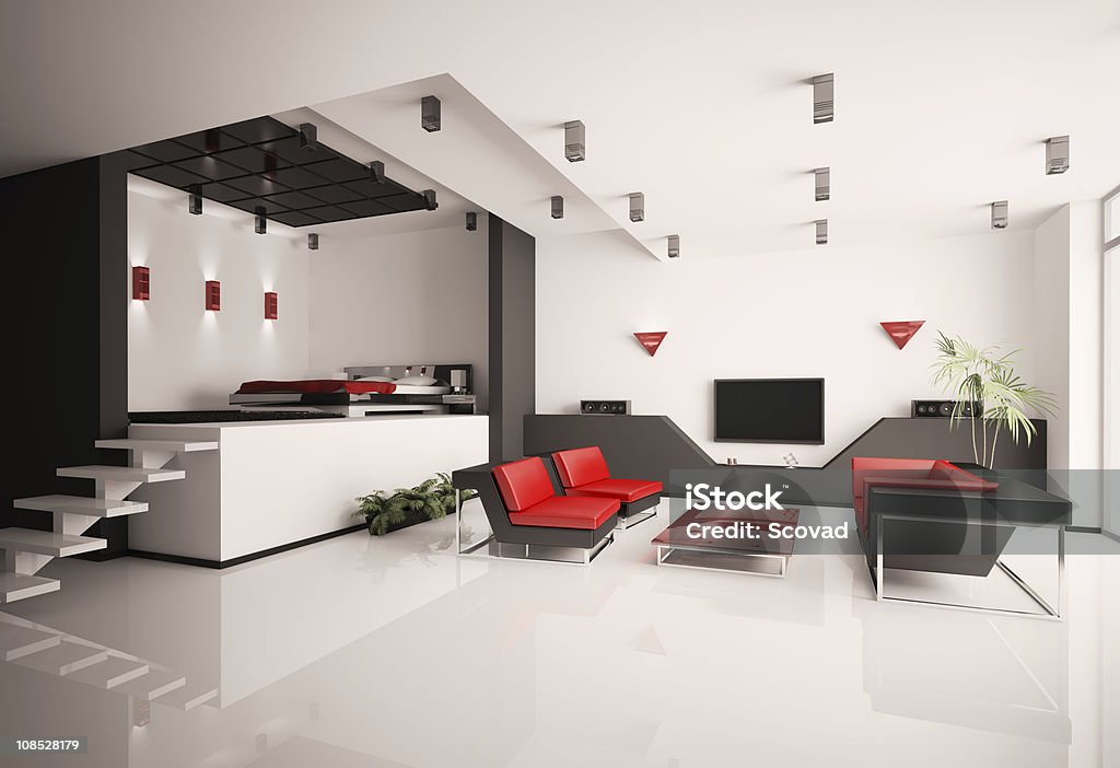 Sala de estar e quarto interior 3d - Foto de stock de Apartamento royalty-free