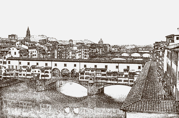 トスカーナ、フィレンツェ、イタリアでアルノ川に架かる有名なヴェッキオ橋のビュー - ponte vecchio点のイラスト素材／クリップアート素材／マンガ素材／アイコン素材