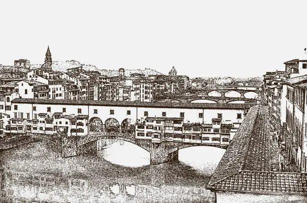 Vector illustration of View of the famous Ponte Vecchio bridge over the Arno River in the city of Florence, Tuscany, Italy