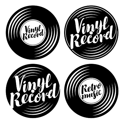 Vector black and white set of music icons in the form of vinyl records with calligraphic inscriptions Vinyl record, Retro music