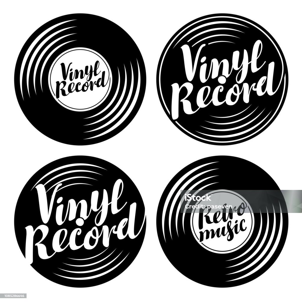 set of music icons in the form of vinyl records Vector black and white set of music icons in the form of vinyl records with calligraphic inscriptions Vinyl record, Retro music Record - Analog Audio stock vector