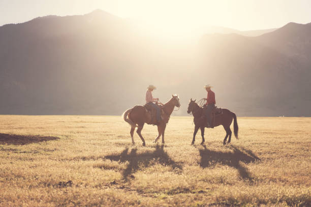 istock Cowboys Horseback Riding at sunrise 1085291352