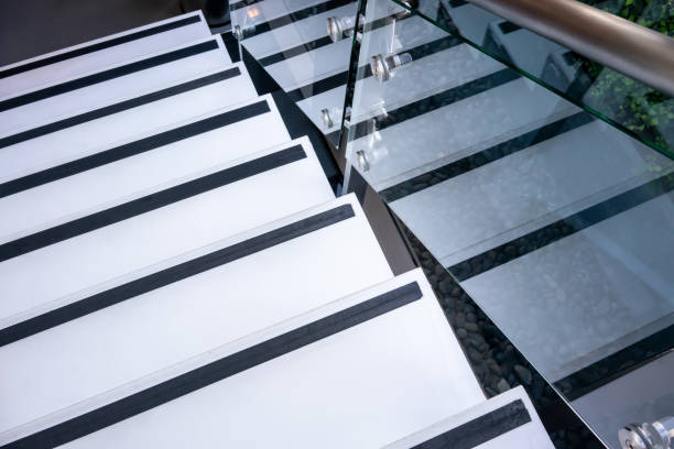 Abstract modern white stairs with non-slip line pattern  - stairway composition