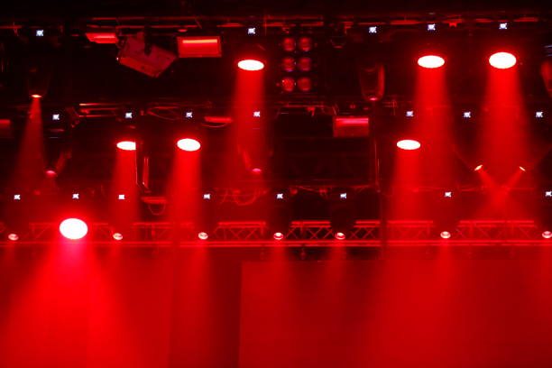 istock Concert spotlights.Red and white rays of powerful projectors on stage 1085305396