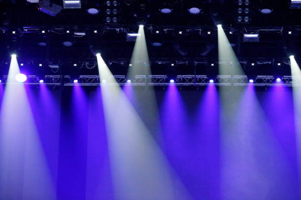 istock Concert spotlights.Blue and white rays of powerful projectors on stage 1085305416