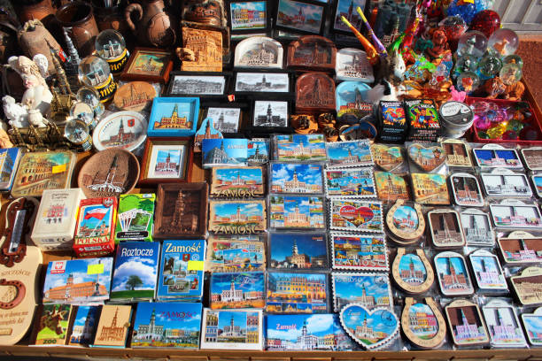 Zamosc, Poland - May 1, 2018: Souvenirs on display at street vendor stall in Zamosc Old Town, the Unesco World Heritage Site and a popular tourist destination.