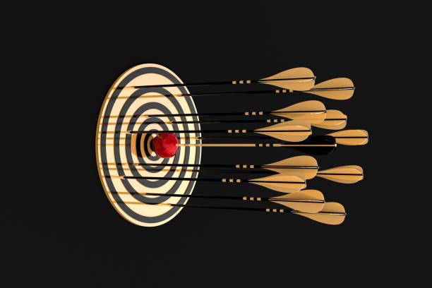 istock many gold arrows hit the gold target and red apple 1085313310