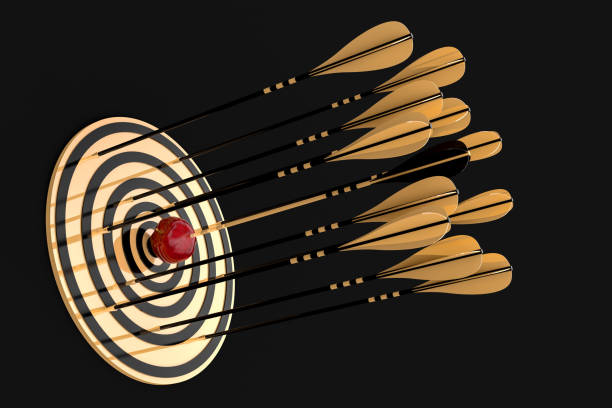 istock many golden arrows  and  red apples 1085313548
