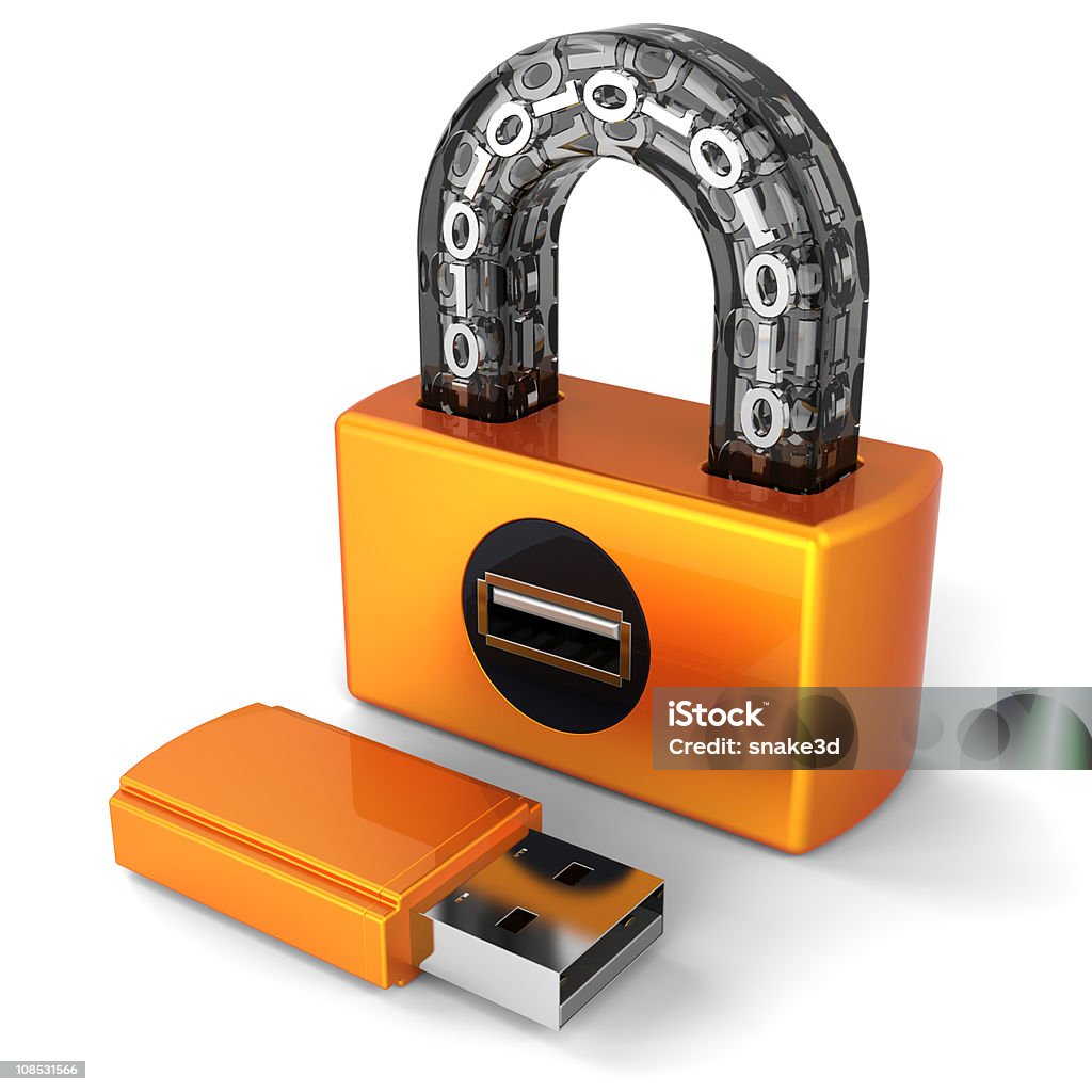 Data security. Digital Usb lock (Hi-Res) Shiny orange digital padlock with binary code in transparent arch. Usb plug as keyhole. Flash drive as key. Computer security concept. This is a detailed 3D render. Isolated on white background. Binary Code Stock Photo