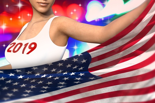 sexy girl is holding USA flag in front of her on the  party lights - Christmas and 2019 New Year flag concept 3d illustration