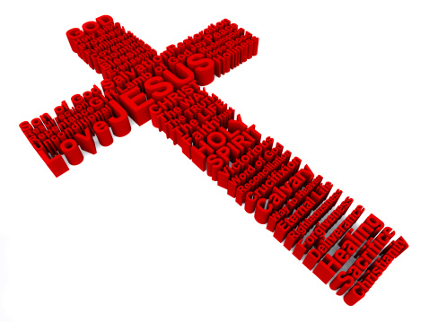3D Cross made up of various words that describe Christianity and Jesus Christ.