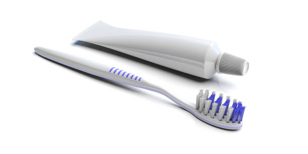spazzolino da denti e mockup del tubo del dentifricio vuoto isolato su sfondo bianco. illustrazione 3d - toothpaste glue blue white foto e immagini stock