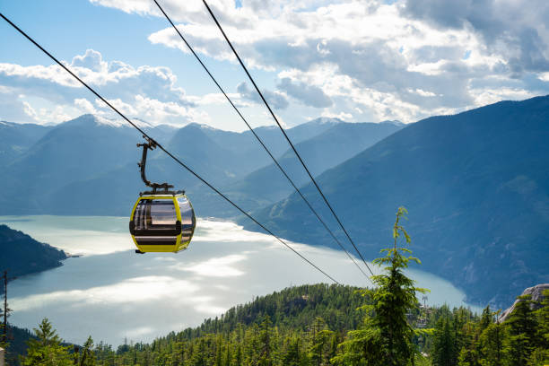 Cable Car in a Sea and Mountain Scenery in Canada Empty Cable Car with a Magnificent Sea and Mountain Scenery in Background on a Sunny Summer Evening. Squamish, BC, Canada gondola stock pictures, royalty-free photos & images