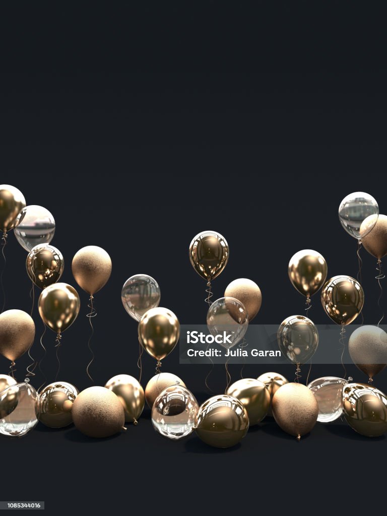 A lot of golden balloons on a black background. Matte, glossy and transparent balloons. 3D render. Balloon Stock Photo