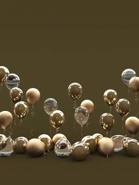 Photo of A lot of golden balloons on a brown background. Matte, glossy and transparent balloons.