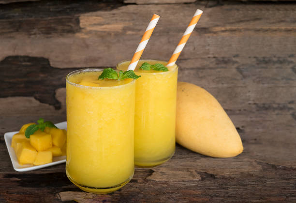 istock Mango smoothies yellow colorful fruit juice milkshake blend beverage healthy high protein the taste yummy In glass drink to lose weight drink episode morning on a wooden background. 1085344082