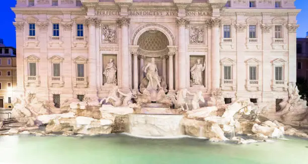 Rome, Italy. Trevi fountain at night, the masterpiece of Italian classical baroque architecture.