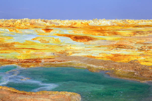 Dallol desert Out-this-planet view to Danakil Depression and sulfur, salt, potassium, calcium and ferrum mineral fields in hottest place on Earth danakil depression stock pictures, royalty-free photos & images