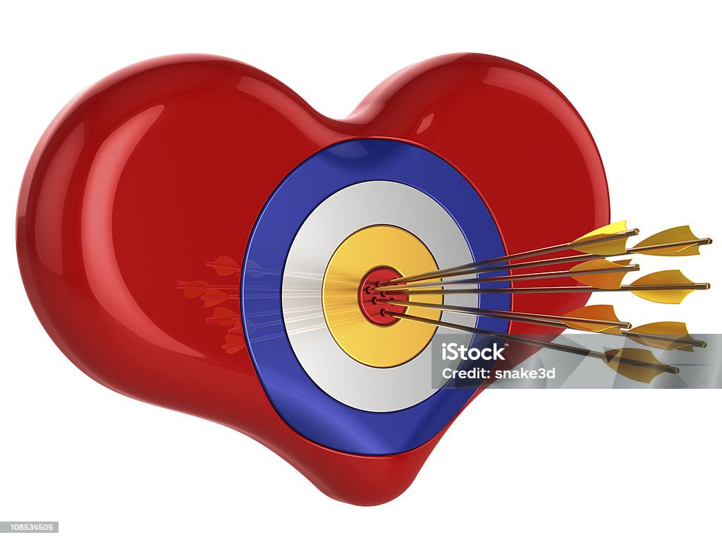 Love 700 percents (Hi-Res) Heart with target pierced by Cupid's arrow. Isolated on white. 3D render Abstract Stock Photo