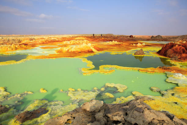 Dallol desert Out-this-planet view to Danakil Depression and sulfur, salt, potassium, calcium and ferrum mineral fields in hottest place on Earth ancient ethiopia stock pictures, royalty-free photos & images