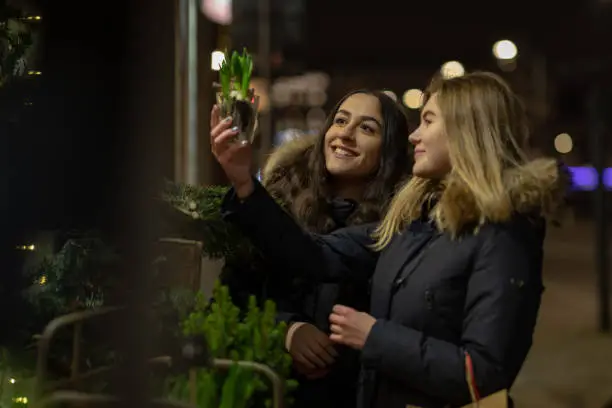 Two smiling women are standing outside a store during Christmas time. They are looking at a plant.