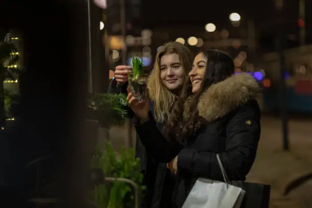 Two smiling women are standing outside a store during Christmas time. They are holding​ a product.