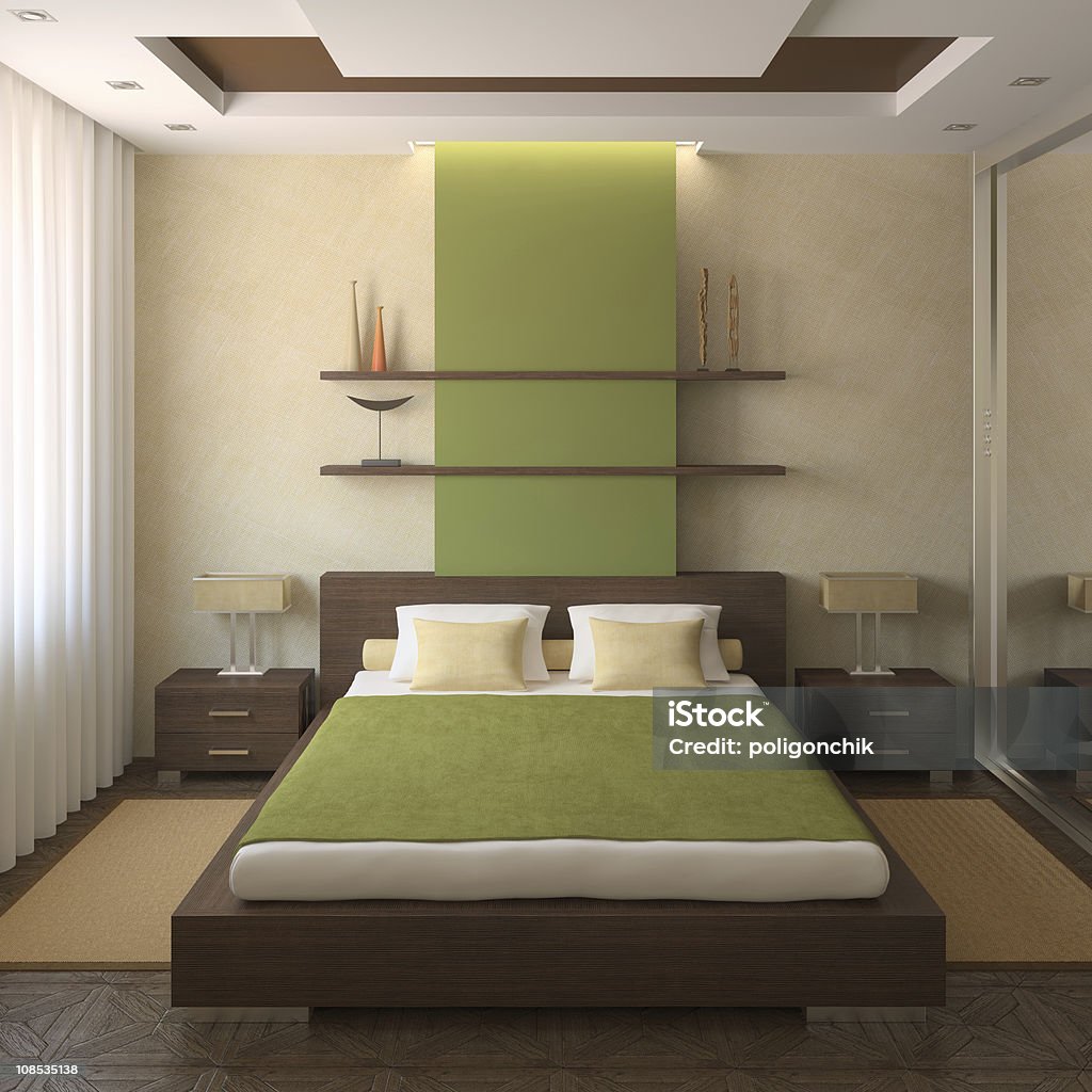 Modern bedroom. Modern bedroom interior. 3d render. Bed - Furniture Stock Photo