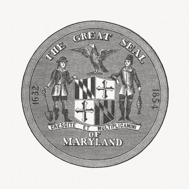 Great Seal of the State of Maryland, wood engraving, published 1886 Great Seal of the State of Maryland. Wood engraving, published in 1886. maryland us state stock illustrations