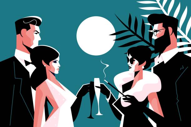 Stylish forties concept party Stylish forties concept party vector illustration. Fashion man and woman in stylish clothes with glasses of champagne having fun time together flat style concept 1940s style stock illustrations