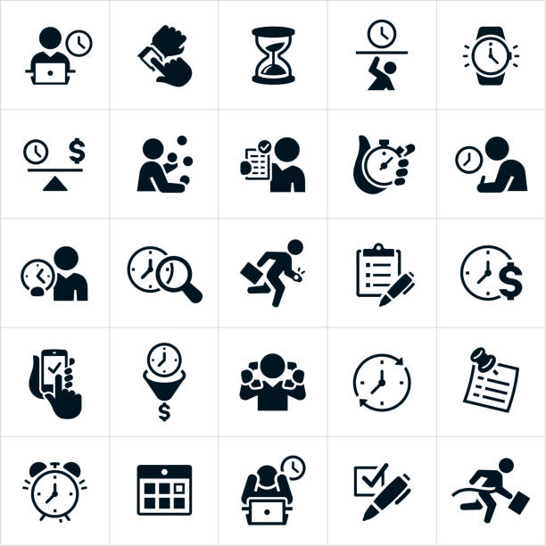 ilustrações de stock, clip art, desenhos animados e ícones de business time management icons - excesso de trabalho