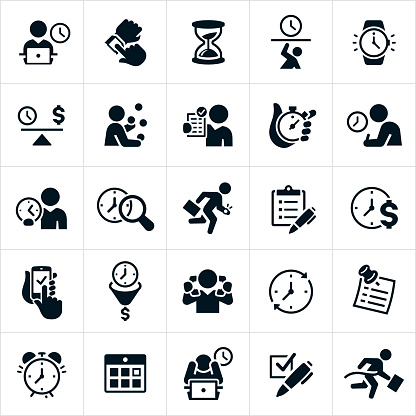 A set of time management icons as it relates to business. The icons include a businessman working on computer with a clock behind him, a person checking their watch for the time, an hourglass, time-crunch, watch, balance of time, juggling the demands of business with time allotted, checklist, stopwatch, search for time, running late, multitasking, to do list, alarm clock, calendar and winning the race against time among other time related concepts.