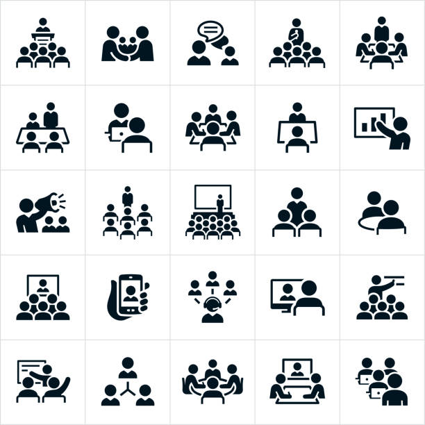 Business Meetings and Seminars Icons A set of icons illustrating business meetings, seminars, lectures and presentations. The icons include business meetings, presenters, employees, boardroom meetings, online meetings, small meetings, large meetings, presentations, conventions, seminars, one on one meetings, web conferences, webinars and other business type meetings. man presentation stock illustrations