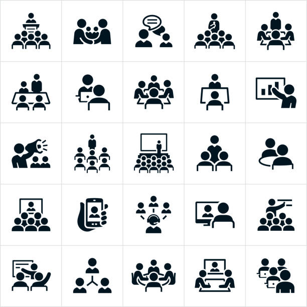 Business Meetings and Seminars Icons A set of icons illustrating business meetings, seminars, lectures and presentations. The icons include business meetings, presenters, employees, boardroom meetings, online meetings, small meetings, large meetings, presentations, conventions, seminars, one on one meetings, web conferences, webinars and other business type meetings. web conference icon stock illustrations