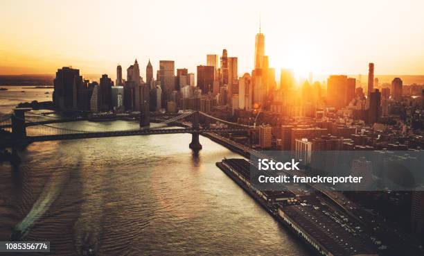 Aerial View Of The Manhattan Skyline Stock Photo - Download Image Now - New York City, New York State, Urban Skyline