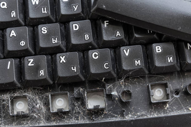 istock Cat hair and dirt under the keyboard keys. 1085362914